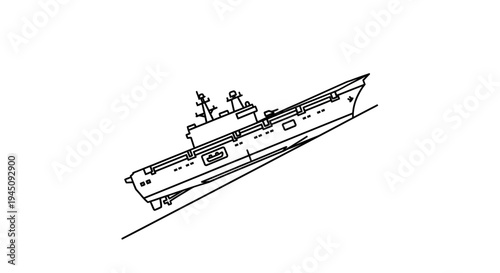 Outline Drawing of a Modern Aircraft Carrier Ship on a Diagonal Line