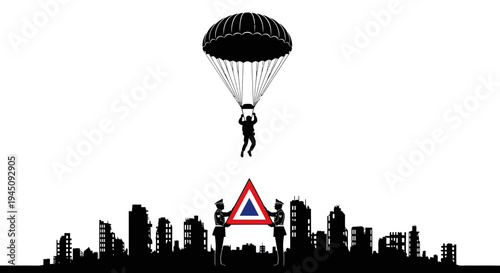 Paratrooper landing in city with welcoming committee holding warning sign