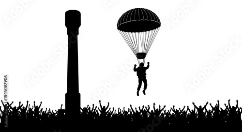 Parachutist Landing Crowd Cheers Monument Silhouette