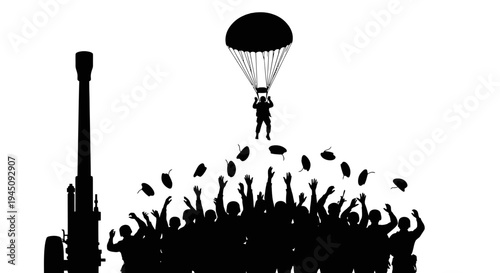 Paratrooper Descends on Crowd with Bombs, Artillery Gun Silhouette