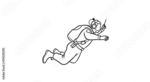 Paratrooper in mid-air, holding radio, mid-jump, skydiving, military, action, adventure, extreme sport