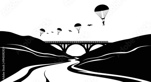 Paratroopers Descending Over Bridge and River in Dramatic Black and White