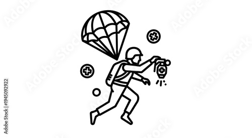 Paratrooper soldier with parachute and flare descending, military action, airborne operation