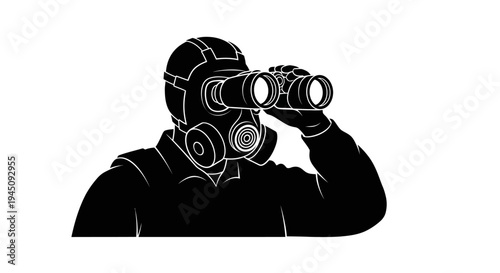 Person in gas mask with binoculars looking into distance, surveillance concept