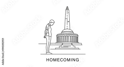 Person looking at monument, homecoming concept, line art illustration