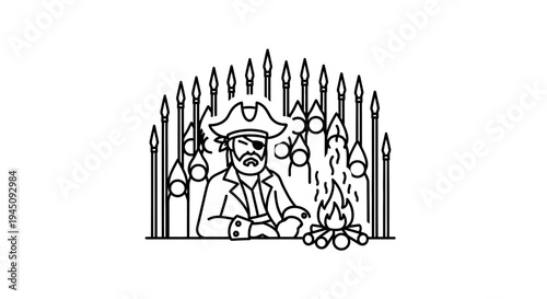 Pirate Captain with Eye Patch and Beard by Campfire, Surrounded by Spears
