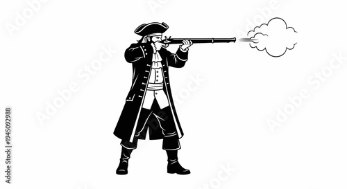Pirate firing musket, historical reenactment, revolutionary war soldier, vintage weapon, smoke from barrel