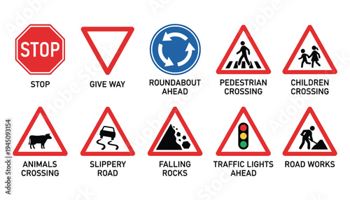 Traffic signs illustration with various road warning symbols and icons