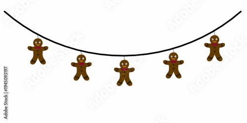 Cute gingerbread cookie garland hanging on string illustration