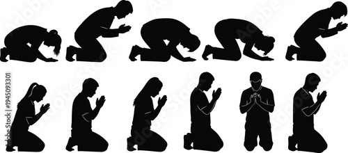 Praying, people, silhouette, set, kneeling, worship, prayer, faith, religion, spiritual, meditation, devotion, man, woman, vector, illustration, black, collection, pose, icon