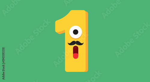 Fun Yellow Number One With Eyes Mustache and Surprised Expression