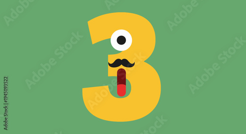 Fun Yellow Number Three with Face on Green Background