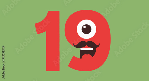 Fun Red Number 19 With Googly Eye and Mustache