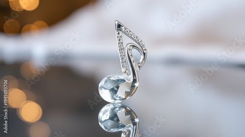 Crystal music note on a reflective surface, music note, elegant sound symbolism