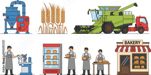 Bread Production Process Vector Set Wheat Harvest Milling Baking Bakers Bakery Shop Agricultural Food Industry Illustration Collection