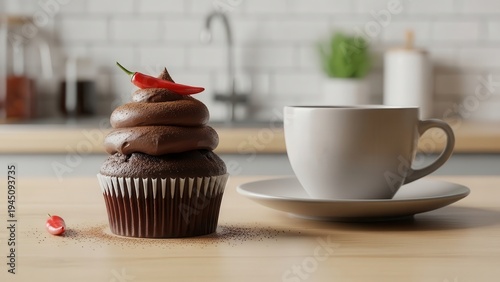 A chocolate cupcake with brown frosting and a red decoration next to a white coffee cup on a wooden table in a kitchen