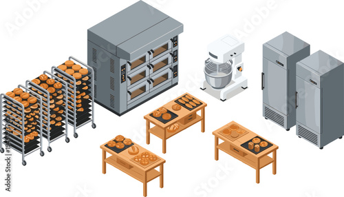 Commercial Bakery Kitchen Equipment Vector Set With Bread Oven Mixer Cooling Racks Refrigerators Worktables Pastry Production Illustration