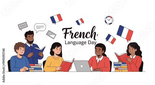Illustration of diverse people celebrating French Language Day with a laptop and books, surrounded by flags and speech bubbles on a white background with a joyful mood.