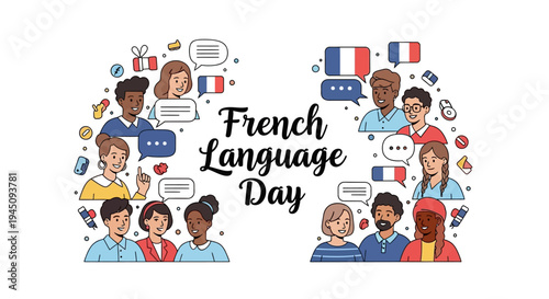 Illustration of diverse people celebrating French Language Day with speech bubbles and flags on a white background, conveying a joyful and cultural mood.