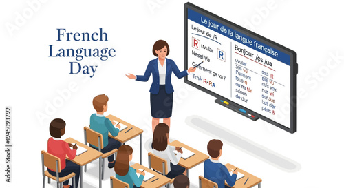 Illustration of a teacher presenting French language lesson to diverse students on International French Language Day in a classroom setting with educational technology.