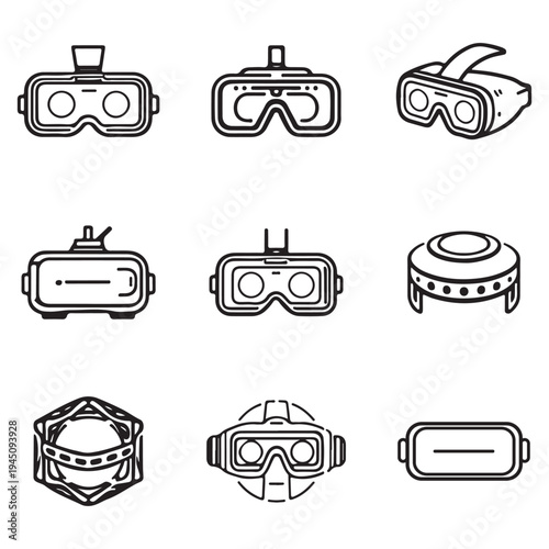 Virtual reality VR headset icon set with gaming glasses and futuristic goggles line art icons, vector illustration.