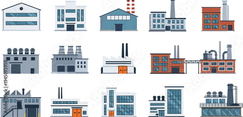 Industrial Factory Buildings Vector Collection Manufacturing Plants Warehouses Power Stations Production Facilities Modern Industry Architecture Set Illustration