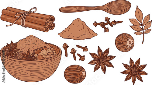 Hand Drawn Spices Vector Set Cinnamon Powder Nutmeg Star Anise Clove Bay Leaf Wooden Spoon Bowl Seasoning Ingredients