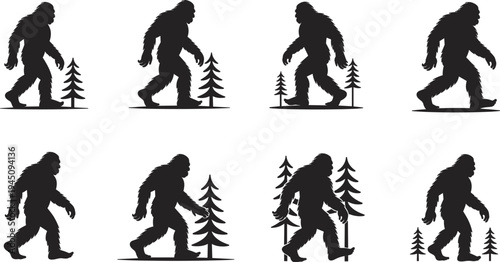 Bigfoot Silhouettes Walking Through Trees on a White Background yeti sasquatch