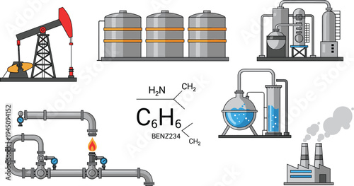 Oil Industry Petroleum Refinery Vector Set With Pumpjack Storage Tanks Chemical Plant Pipeline System Industrial Factory Energy Production Illustration