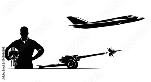 Pilot with Fighter Jet and Artillery Cannon Silhouette