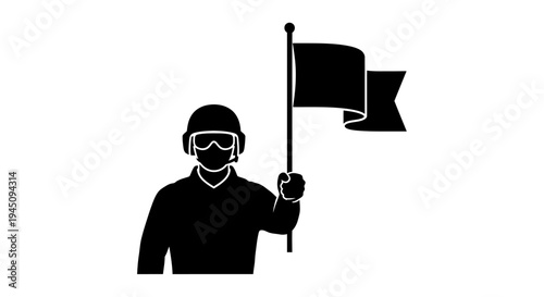 Protester holding black flag, wearing helmet and goggles, symbol of protest and resistance