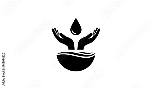 Cupped Hands Catching Water Drop Silhouette – Water Conservation Vector