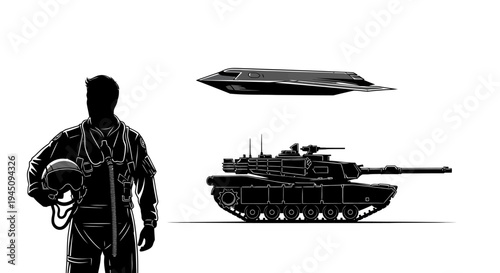Pilot Silhouette, Tank, and Stealth Aircraft - Military Technology Concept