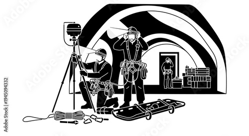 Rescue Team Preparing Equipment in Dark Tunnel