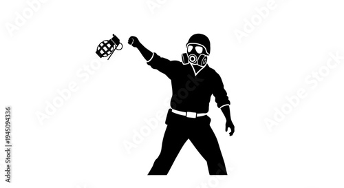 Protester in gas mask throwing molotov cocktail, protest, riot, danger, conflict, urban