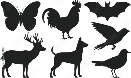 Black Silhouettes of Various Animals and Birds on White butterfly rooster