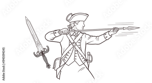 Revolutionary soldier aiming musket, sword nearby, historical battle illustration