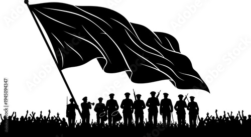 Revolutionary Crowd and Soldiers Silhouette with Black Flag
