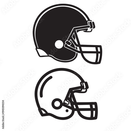 Two football helmets side by side in black and white