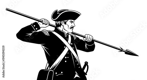 Revolutionary War Soldier with Musket and Bayonet, Historical Military Illustration