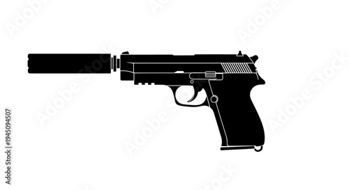 Silenced Pistol with Suppressor - Black and White Silhouette