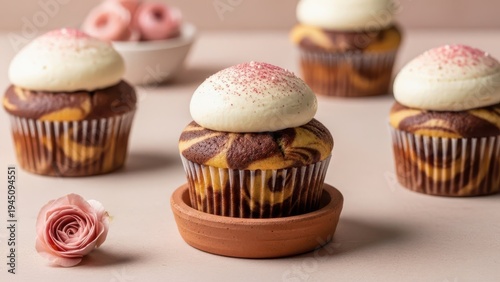 A group of chocolate cupcakes with white frosting and pink sprinkles on a table with a pink background