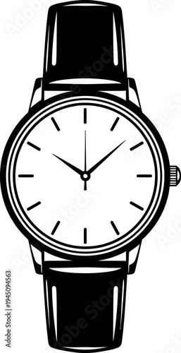 A black and white illustration of a classic wristwatch with a leather strap and round face