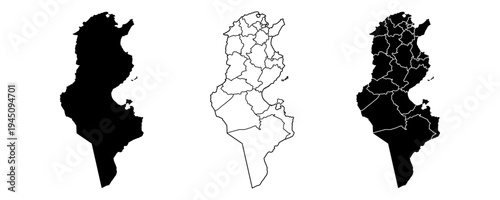 Tunisia map isolated on white background. Tunisia country map. Low detailed. Solid simple style. Tunisia map silhouette linear and black illustration. Black and white. Vector editable	