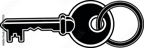 A simple black and white illustration of a single traditional house key on a keyring