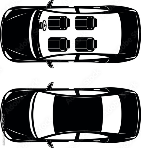 Car top view silhouettes with interior seats vehicle overhead vector illustration set