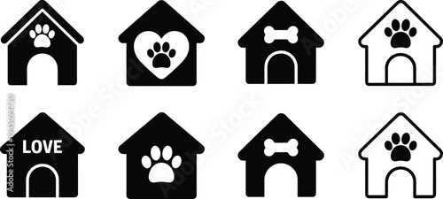Collection of Dog House Icons with Paw Prints and Love Symbol vector illustration