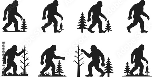 Bigfoot Silhouette Walking With Trees On White Background vector illustration