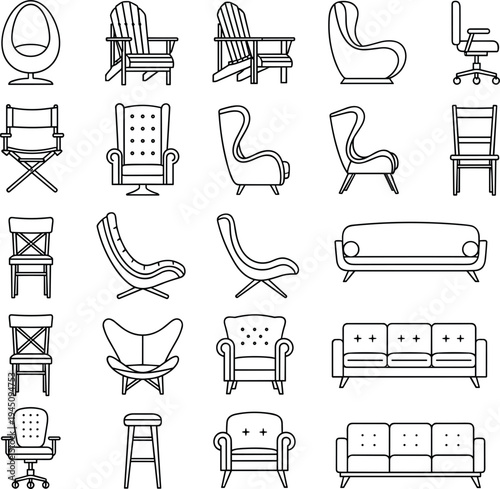 Chair and Sofa Furniture Line Icons Set with Armchair, Office Chair, Lounge Seat and Home Interior Vector Collection