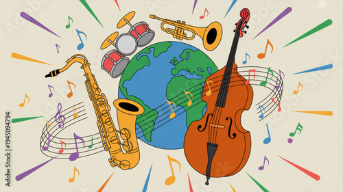 Musical instruments and globe with colorful notes symbolizing global music harmony and cultural diversity in a vibrant illustration